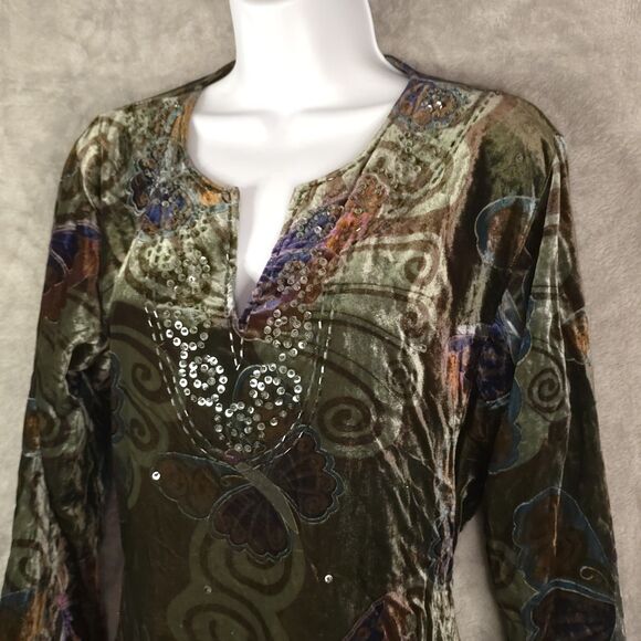 Velvet Butterfly Print Tunic Top Boho Embellished Long Sleeve Whimsical L - Picture 2 of 11